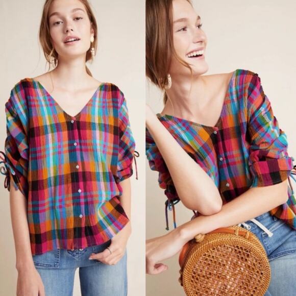 Anthropologie M colorful plaid ruched sleeve top - Picture 1 of 7